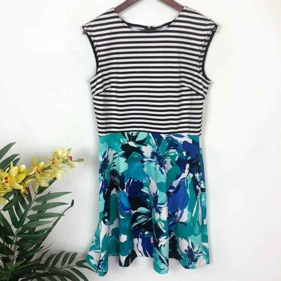 Sandra Darren Striped Blue Floral A-Line Dress - Picture 1 of 5